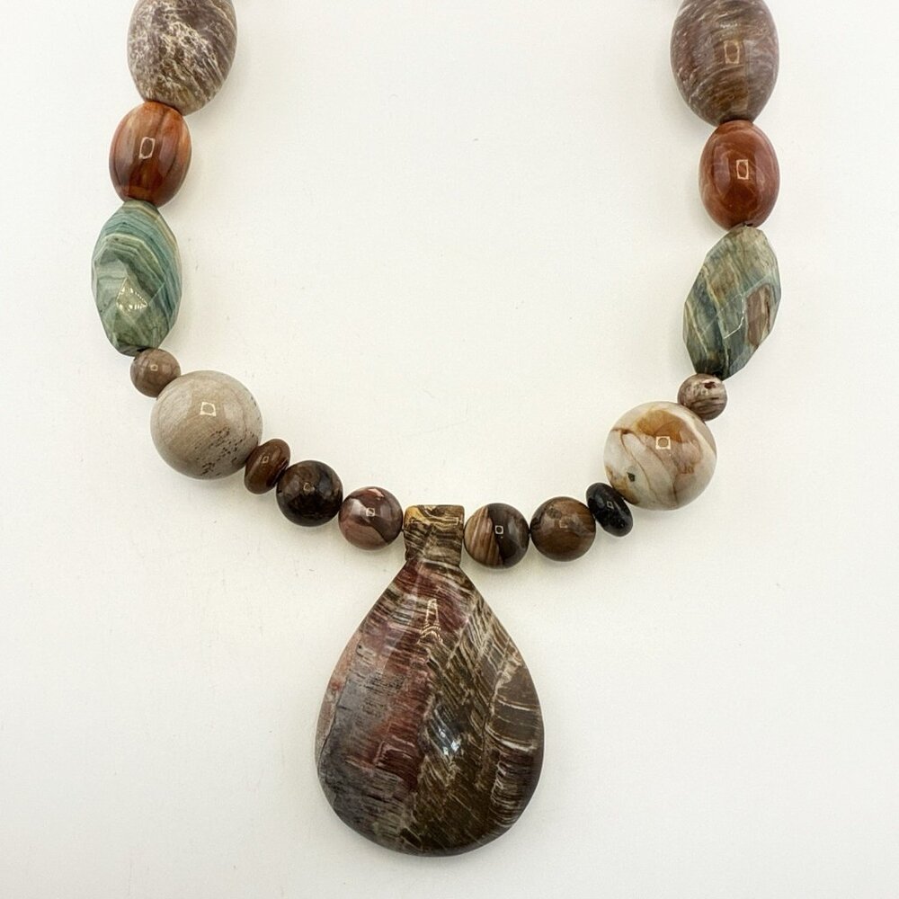 Jay King Necklace Agate Jasper Carved Pear Pendant Beaded Sterling Silver 164g